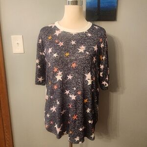 Vintage DKNY Gray Top w/ Multicolor  Stars Soft Rayon Blend Knit Blouse Large